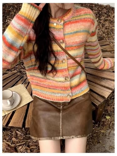 GORGLITTER Women's Striped Colorful Button Up Cardigan Sweater Trendy Fall Long Sleeve Crewneck Knitwear Tops4