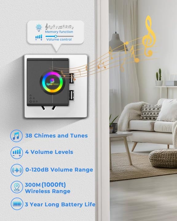 Image of Spromoce Wireless Doorbell for Home, 1000FT Long Range Door Bell without Wire for Office, IP55 Waterproof Cordless Remote Calling Bell with 6 Vibrant Light Modes, 38 Ringtone