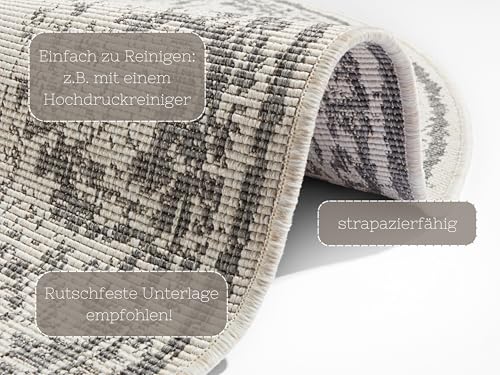 NORTHRUGS In- und Outdoor Teppich Borbon Rund ⌀140cm - Wendeteppich Wetterfest Orientalisches Vintage Design Läufer für Balkon Terrasse Garten Wintergarten Wohnzimmerteppich Wasserfest in Grau Creme
