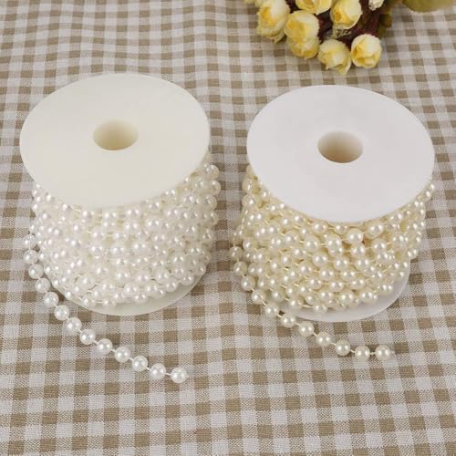 2 Stück Perlenkette Deko, 10m/32.8feet 8mm Perlenband Perlengirlande, Hochzeit Perlenschnur, Perle Draht Perlen für DIY Party Perlenhochzeit Dekor(Beige) (2)