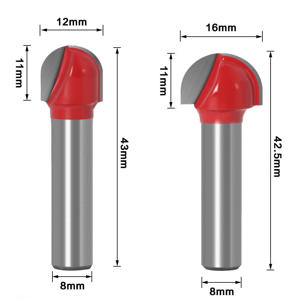 ASNOMY 5-częściowy frez górnowrzecionowy 8 mm, z twardego metalu, okrągły nos, Cove Core Box, frez kulowy, do obróbki drewna – 12 mm/16 mm/19 mm/22 mm/25,4 mm