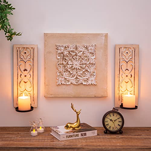 Sziqiqi Wooden Candle Sconce Wall Candle Holder - Wood Decorative Wall-Mount Pillar Candles Holders With Flower Embossed Design Vinatge Wall Decorations For Living Room Farmhouse Fireplace Wedding #TOP6