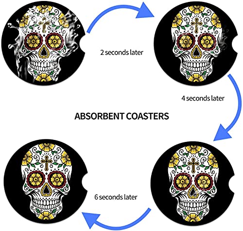 Small 2.56" Absorbent Car Coasters 2 Pack, Auto Coasters For Cup Holders, Ceramic Car Accessories Coasters Absorb Spills To Keep Cupholders Clean (Sugar Skull) #TOP5