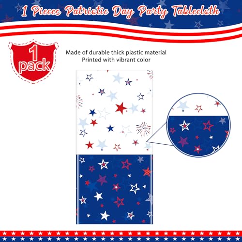 Image of 1Pack Patriotic Tablecloth Decorations for 4th of July Independence Day, Plastic Memorial Day Table Cover Printed with Stars and Fireworks for Patriotic Themed Party Supplies, 54 x 108 Inch