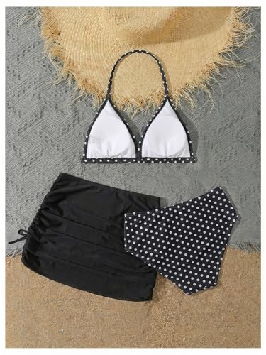 Image of RoseSeek Girl's 3 Piece Cute Bowknot Bathing Suit Halter Triangle High Waisted Swimsuit with Beach Cover Up Skirt