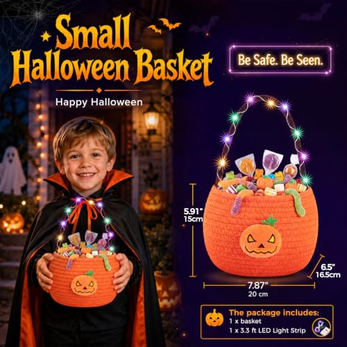 Halloween Basket for Kids, LED Light Up Pumpkin Trick or Treat Candy Bucket - image 3