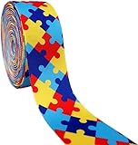 Single Face Autism Awareness Puzzle Printed 1-1/2 Inch White Grosgrain Ribbon -10 Yards/roll - 38MM - Hair Craft Supplies