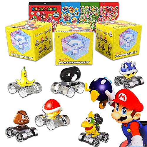 Hot Wheels Super Mario Blind Box Bundle Mario Kart Hot Wheels Toy Set - 3 Pack Hot Wheels Blind Bags Super Mario Cars with Super Mario Stickers (Super Mario Toys)