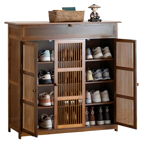 YASICA シューズボックス 下駄箱 天然竹製 シューズキャビネット スリム シューズラック 4段 靴箱 靴収納 扉付き 大容量 玄関収納 おしゃれ 靴収納 キャビネット 省スペース 通気性 ルーバー式 3扉タイプ 廊下 洗面所 玄関 アクセス リビング