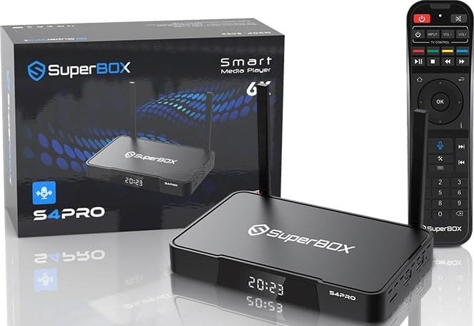Super-S4 box 2023-2024 Model, Android 9.0 Box, Fully Including S-4 s4 box s3 Voice Remote, Backlit Keyboard, HDMI Cable, Audio Cable, extra, Sup-S4