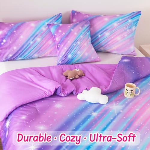 Image of Full Bedding Set for Girls, Glitter Rainbow Comforter Set for Girls, Galaxy Purple Bedding Sets Full Size