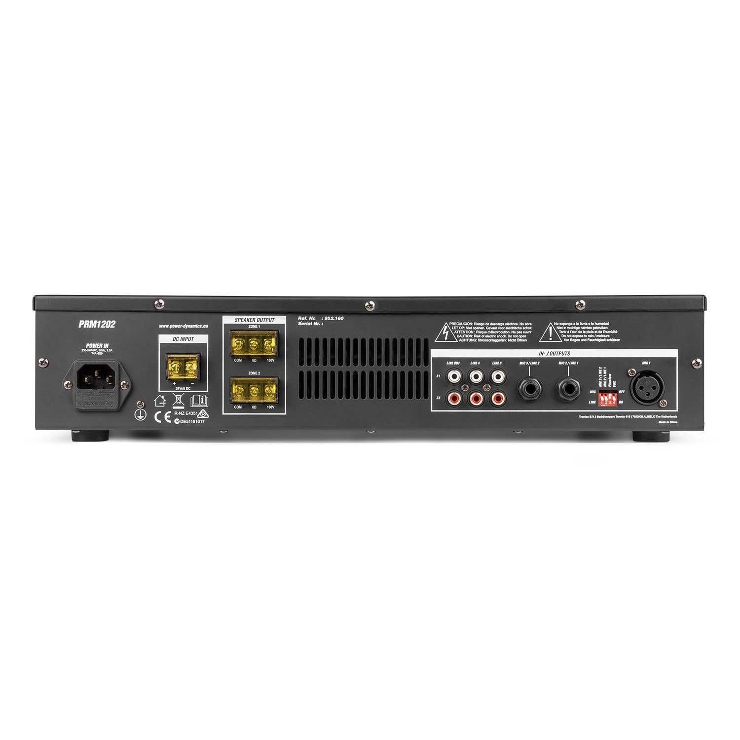 Power Dynamics PRM1202 Amplificateur 2 Zones 100V 2X 120W - Noir, USB/SD/MP3, Amplificateur Bluetooth, Lecteur MP3, Entrée Microphone, Idéale pour Sonoriser Une Pièce ou Passer des Annonces