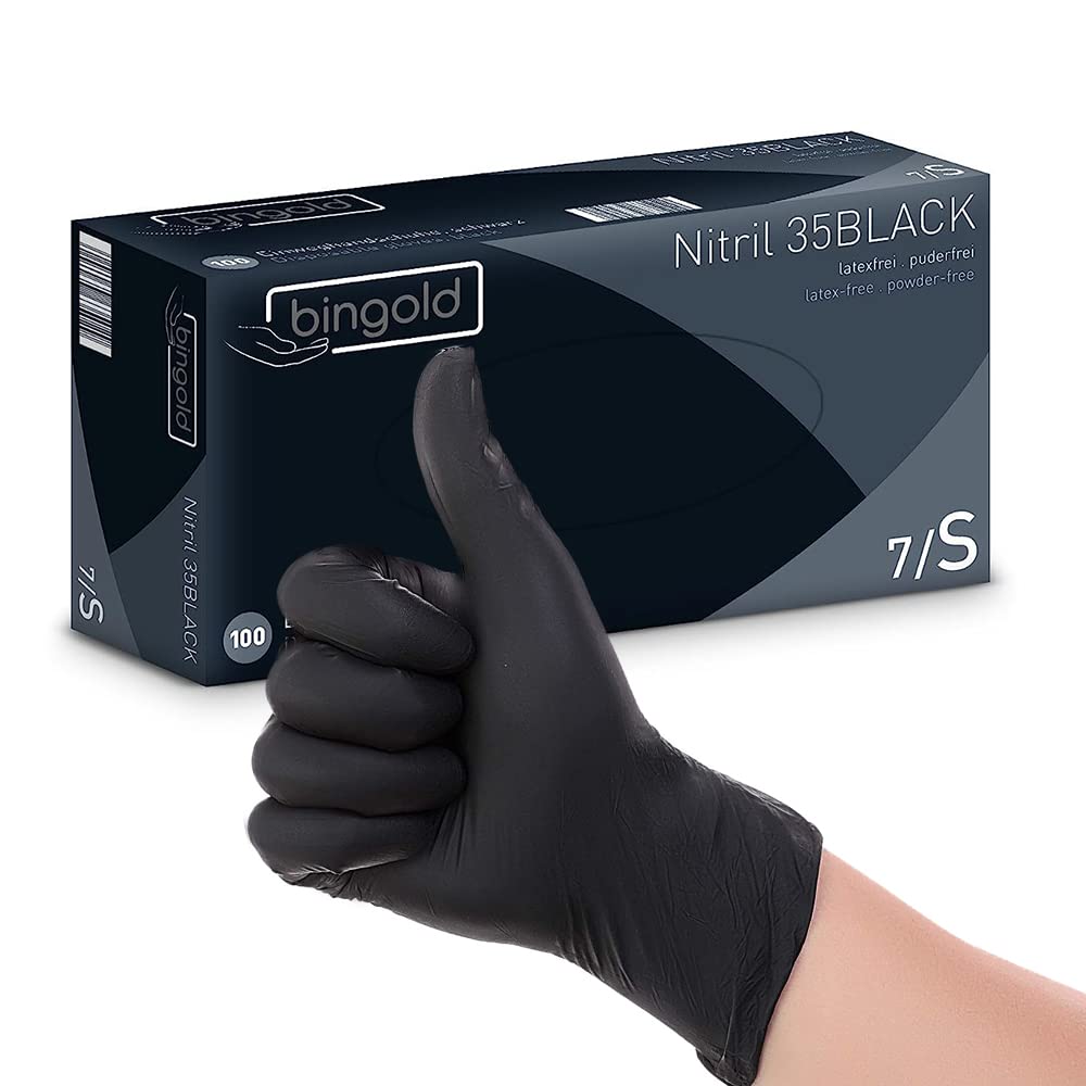 Generisch BINGOLD Nitril 35BLACK Einmalhandschuhe, Nitrilhandschuhe, 10x100 Stück, 1000 Stück, Größe S, schwarz, puderfrei, latexfrei, unsteril, lebensmittelecht