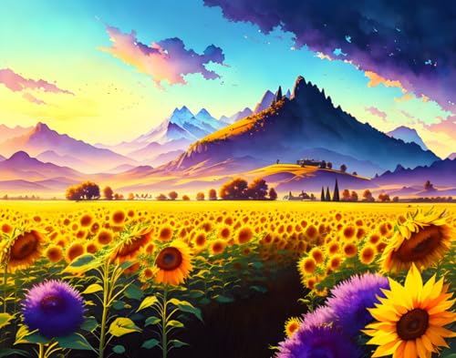 Affiche toile tournesols 58x90cm SERENDIPITP paysage montagne aquarelle
