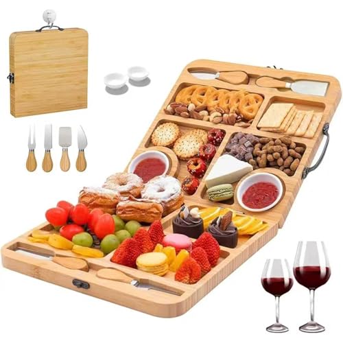 Vurlexat Bamboo Cheese Board Organic Wood Serving Tray with 4 Knives & 2 Dipping Dishes Set Openable Charcuterie Board Cheese Serving Platter with 7 Compartments for Gourmets Mothers & Housewarming