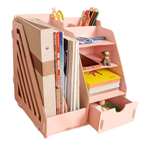MineSign Wood Desk Organizer Drawer Trays Office Desktop Organizers File Holders Office Supplies 4 Tier 6 Compartments (Pink)