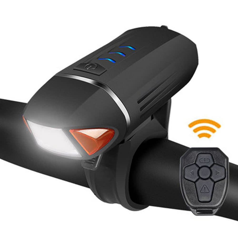 Faro Anteriore per Bicicletta a LED Nero Ricaricabile Tramite USB, con Telecomando, indicatori di direzione e clacson. Accessori per Ciclismo.