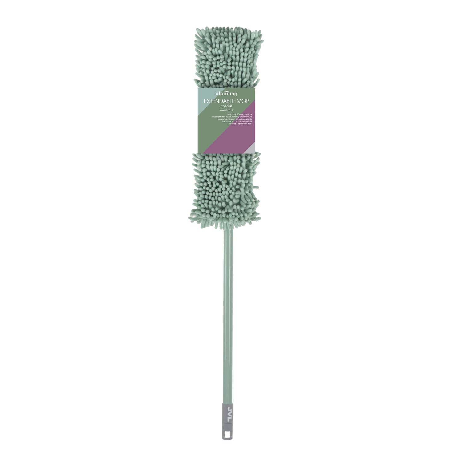 Jvl Green Extendable Chenille Mop – Flat Floor Cleaner With Long Handle – Machine Washable Microfibre Cleaning Head –