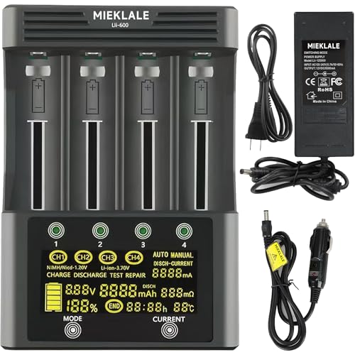 18650 Battery Charger, MIEKLALE 4-Bay 3A Fast Rechargeable Battery Charger with Smart LCD Display,Discharge & Testing Functions for Rechargeable Batteries Li-ion Ni-MH/Cd AA AAA18650 26650 21700