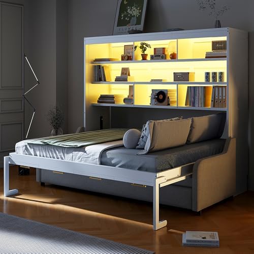 VilroCaz Full Size Murphy Bed with Folding Sofa and Built-in Stor...