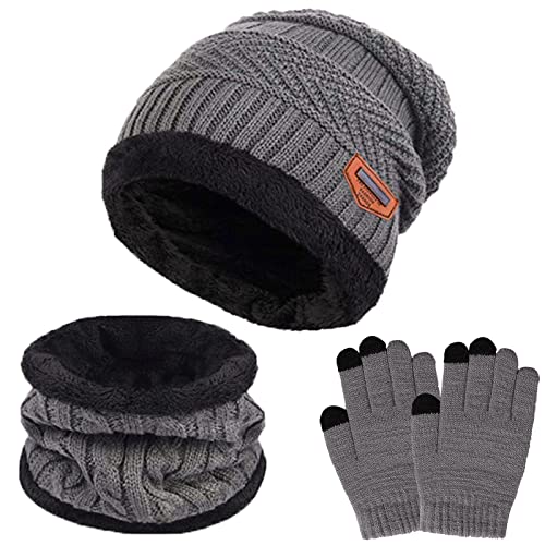 Conjunto de Gorro, Bufanda y Guantes para Niños de 3PCs, Gorro de Punto con Forro Polar Cálido Calentador de Cuello Térmico con Guantes de Pantalla Táctil Esenciales de Invierno Para Niños Cover