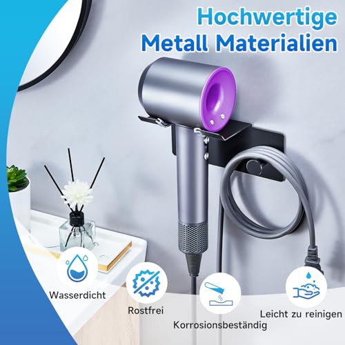 Föhnhalter Ohne Bohren, Fön Halterung, Fönhalter Wand Ohne Bohren Metall, Selbstklebend Haartrocknerhalter, Föhnhalter Wandhalterung, Fönhalterung für Bad Schlafzimmer Barbershop Hotel (Schwarz)