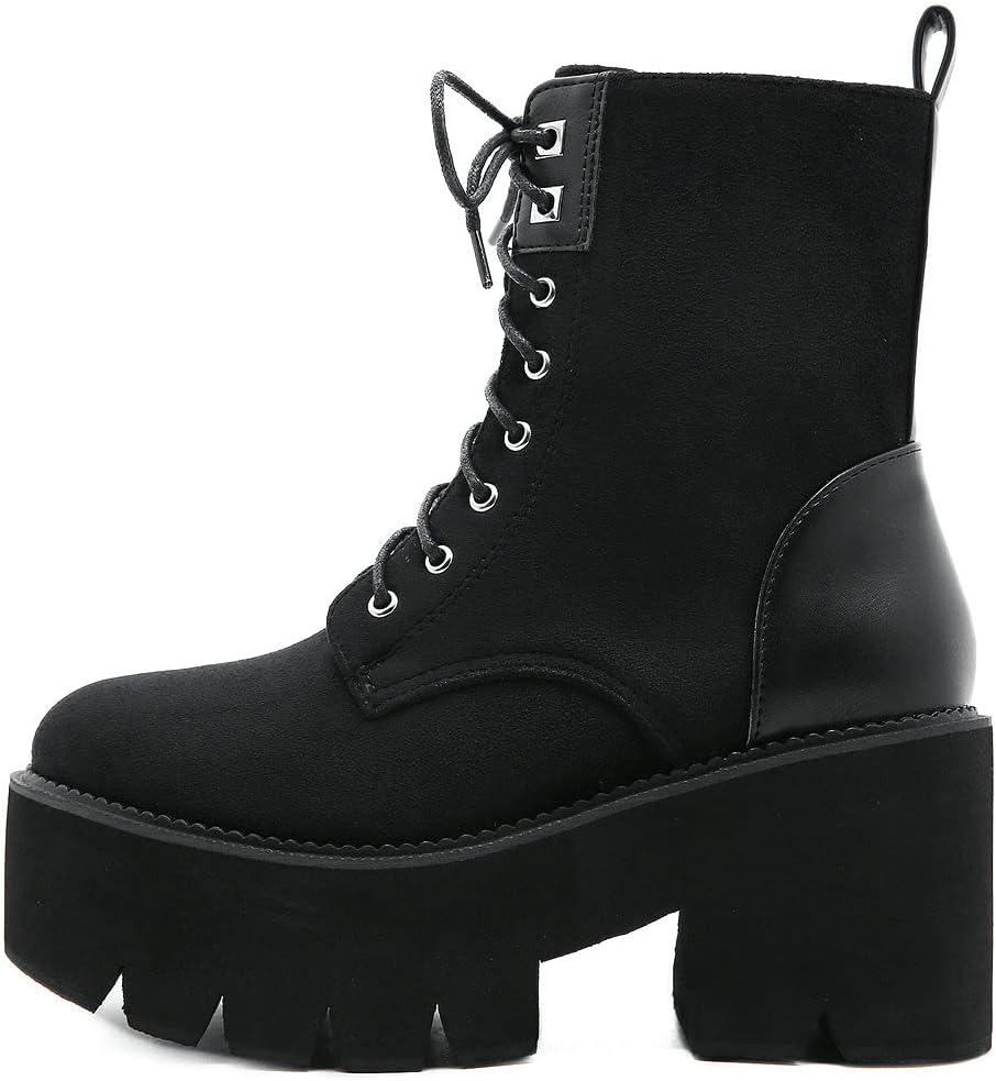 KOKOMOMO Womens Goth Platform Shoes Faux Suede Lace Up Chunky Combat Boots