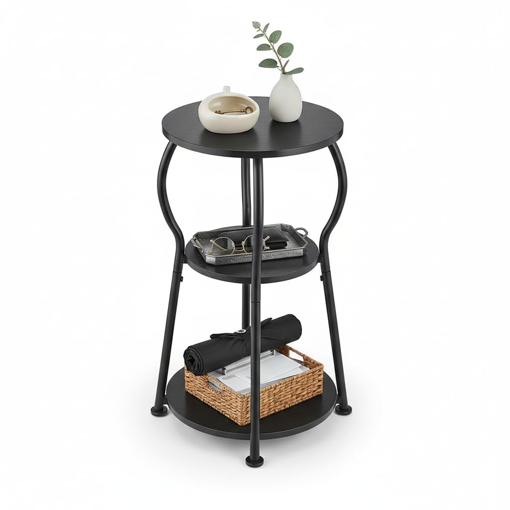 ZEXVIDA Round Side Table for Couch 3 Tier Round Couch Table Wood and Metal Corner Round Tables for
