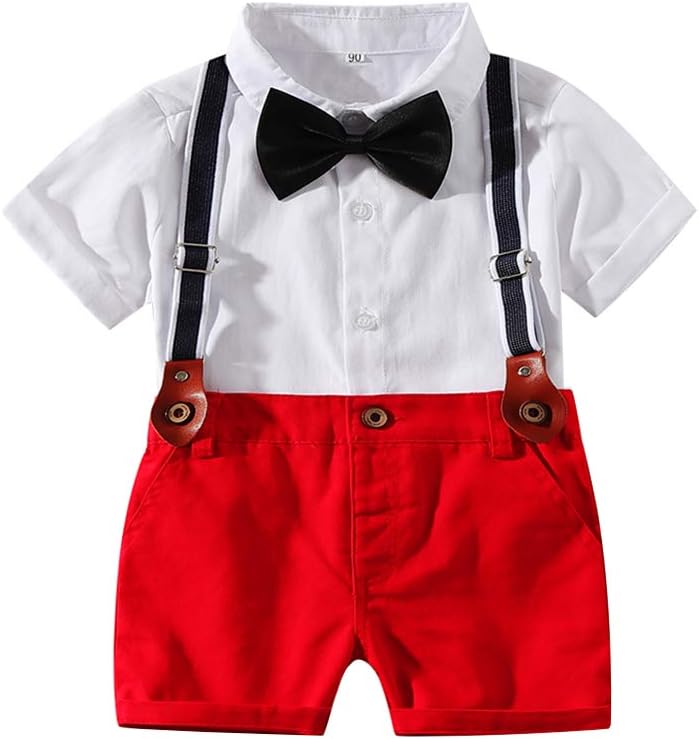 Baby Boy Summer Cotton Gentleman Long Sleeve Bowtie Romper Suspenders Shorts Outfit Set