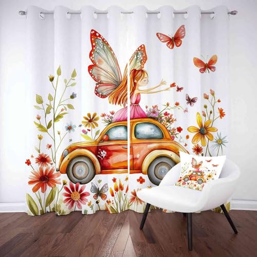 Voiture Fée Fantaisie Voilage Fenetre Intérieurs Chambre Salon, Lot de 2 à Oeillets, Mandarine Rideau 140L X 220H cm Phonique Anti Bruit, Rideaux Occultant...