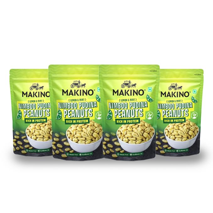 Makino Roasted Peanuts Nimboo Pudina | Each 150 gm | Pack of 4 | Total weight 600g | Lime and Mint