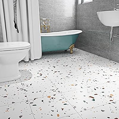 Livelynine Terrazzo Peel and Stick Floor Tile Waterproof Vinyl Flooring Bathroom Kids Room Bedroom Floor Stickers Peel and Stick On Laminate Flooring Sticky Removable Linoleum Tiles 12X12 Inch 4-Pack