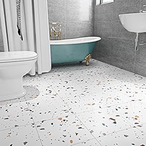 Livelynine Lino Vloerlijm 30X30cm Dikke Terrazzostickers Keukenvloer PVC-lijmstrip Wit-Antislip-Waterdicht-Zelfklevende Tegelvloerlijm voor Badkamer Keuken Woonkamer, 4 Tegels