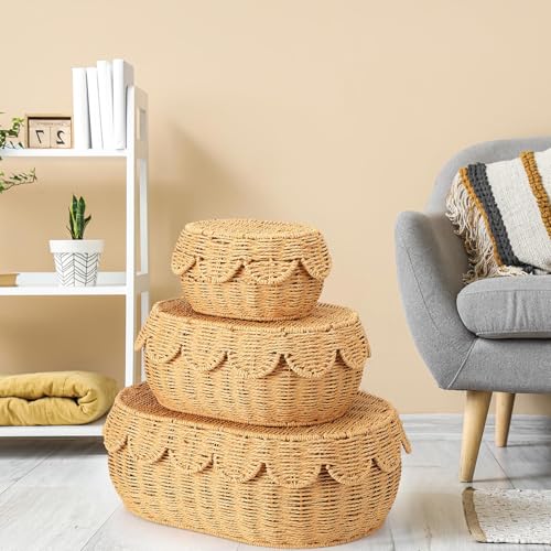 Image of Cinnvoice Set of 3 Scalloped Baskets with Lids 10 /13 /14 Inch Hand Woven Storage Wicker Baskets for Baby Shower Gifts Baby Diaper Caddy Organizer for Nursery Room(Paper Rope)