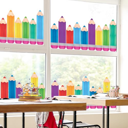 Image of Whaline 9 Sheet Colorful Pencil Window Clings Back to School Rainbow Color Pencil Reusable Window Decals for First Day of School Home Nursery Classroom Decor