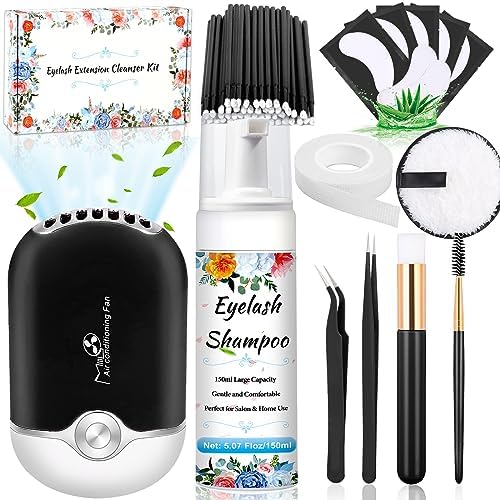 Qinzave 150ml Lash Shampoo for Lash Extension Eyelash Extension Cleanser with USB Lash Dry Fan Makeup Remover Pad Micro Brushes Tweezers, Paraben & Sulfate Free Eyelash Shampoo for Salon Home Use