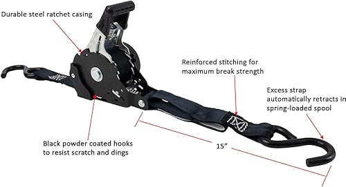 Miniatura 3 de Mytee Products - Correas de trinquete retráctiles de 1 x 12 pulgadas con gancho en S revestido, para motocicletas, cuatrimotos o bicicletas Amarre