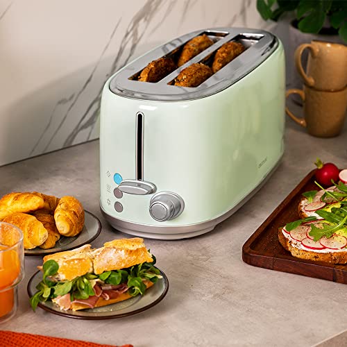 Foto von Cecotec Toaster 4 Scheiben Toast&Taste 1600 Retro Double Green, 1630 W, 2 Breite und Lange Schlitze von 3,8 cm, Edelstahl, Obere Roste, Regulierbare Leistung, Krümelschublade
