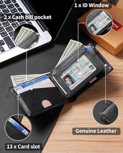 Image of Artpaxy Mens Wallet Bifold Genuine Leather RFID Blocking Wallet for Men with 1 ID Windows 13 Card Holders 2 cash pockets 1 Gift Box