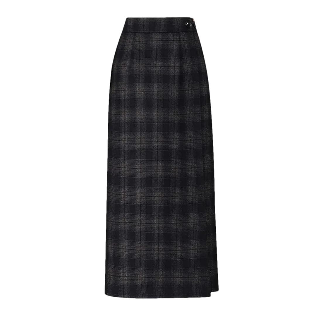 Womens Solid High-Waisted Button-Embellished Slim-Fit Plaid Midi-Length Straight Wool Mini A-Line Skirt