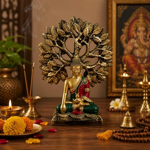 Image of eCraftIndia Buddha Idol for Home Decor Living Room | Gautam Buddha Statue Under the Bodhi-Tree | Showpiece Gift for Housewarming Birthday