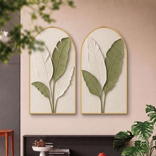 Image of Livin'luxe Set of 2 Botanical Leaf Wall Painting for Living Room, Green White Modern Artwork, PVC Golden Frame, Arch Shape Wall Decor for Bedroom, Hall, Office & Gift (30 x 32 Inch) RPNL-02-118