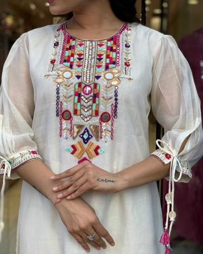Image of Women's Cotton Mirror Work Embroidered Straight Kurti with Pant and Dupatta Set