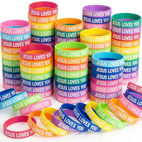 Sealla 100 Pcs Jesus Loves You Bracelets Bulk for VBS Jesus Loves You Silicone Wristbands Bulk Christian Rubber Bracelets
