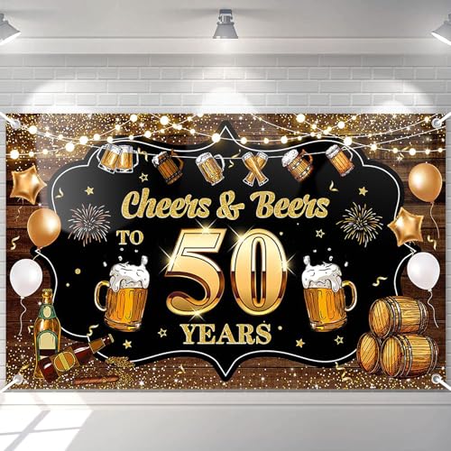 Avezano Cheers & Beers to 50 Years Backdrop Banner Black and Gold Happy 50th Birthday Decorations 50th Anniversary Banner Beer Whiskey 50 Year Old Birthday Banner for Men Women 70.8 x 43.3 Inch