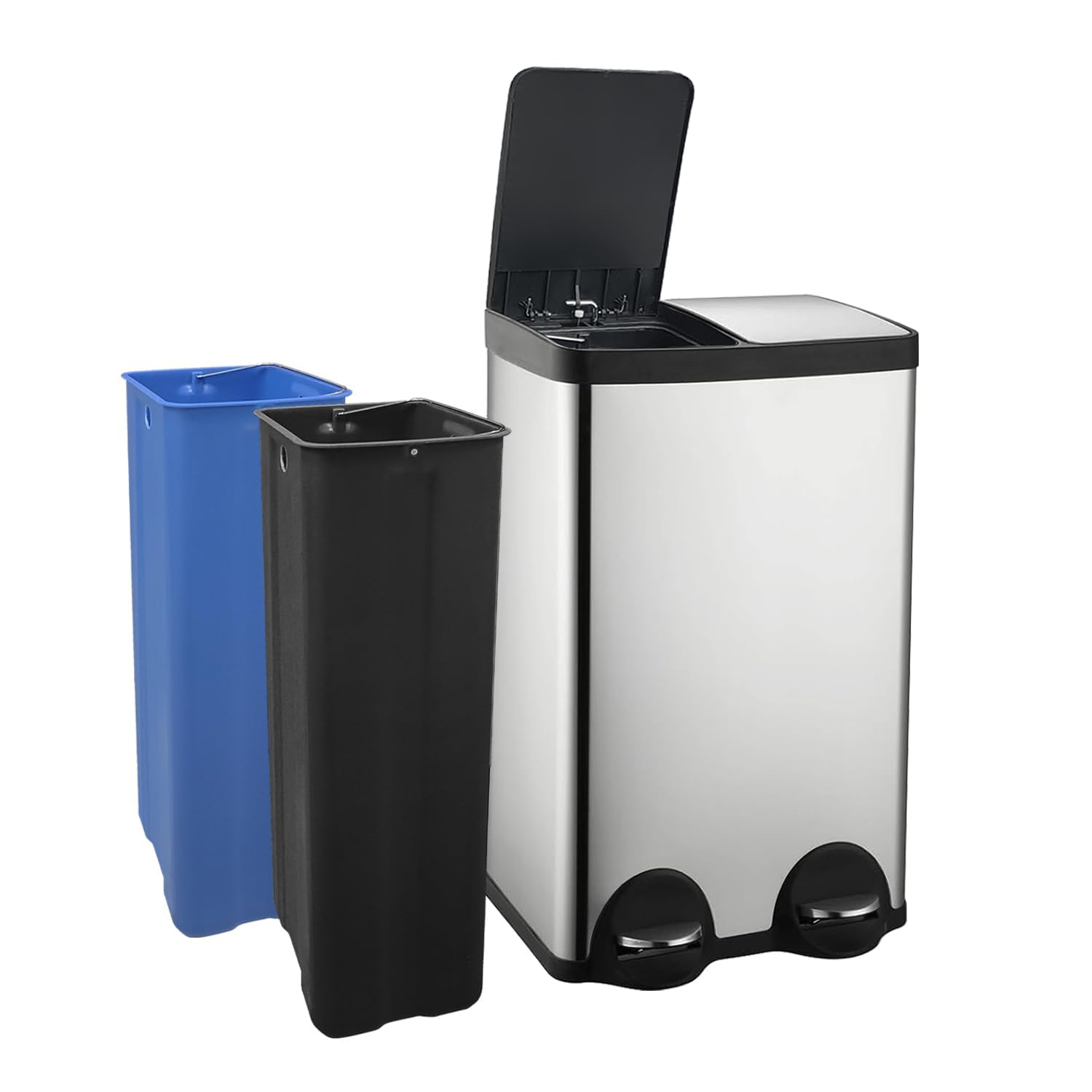 Mülleimer Küche 60l, 2x30L Mülltrennsystem, Tretmülleimer, Silber | Mülleimer 2 Fächer, Edelstahl, Herausnehmbarer Inneneimer,Mülleimer Geruchsdicht, Softclose Deckel, Für Mülltrennung Küche