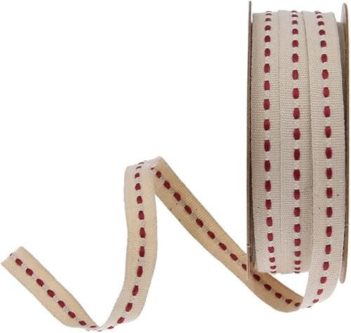 1 rollo de cinta de algodón beige con una sola línea roja cosida de algodón cosido de tela jacquard para manualidades, envolver regalos, 3/8