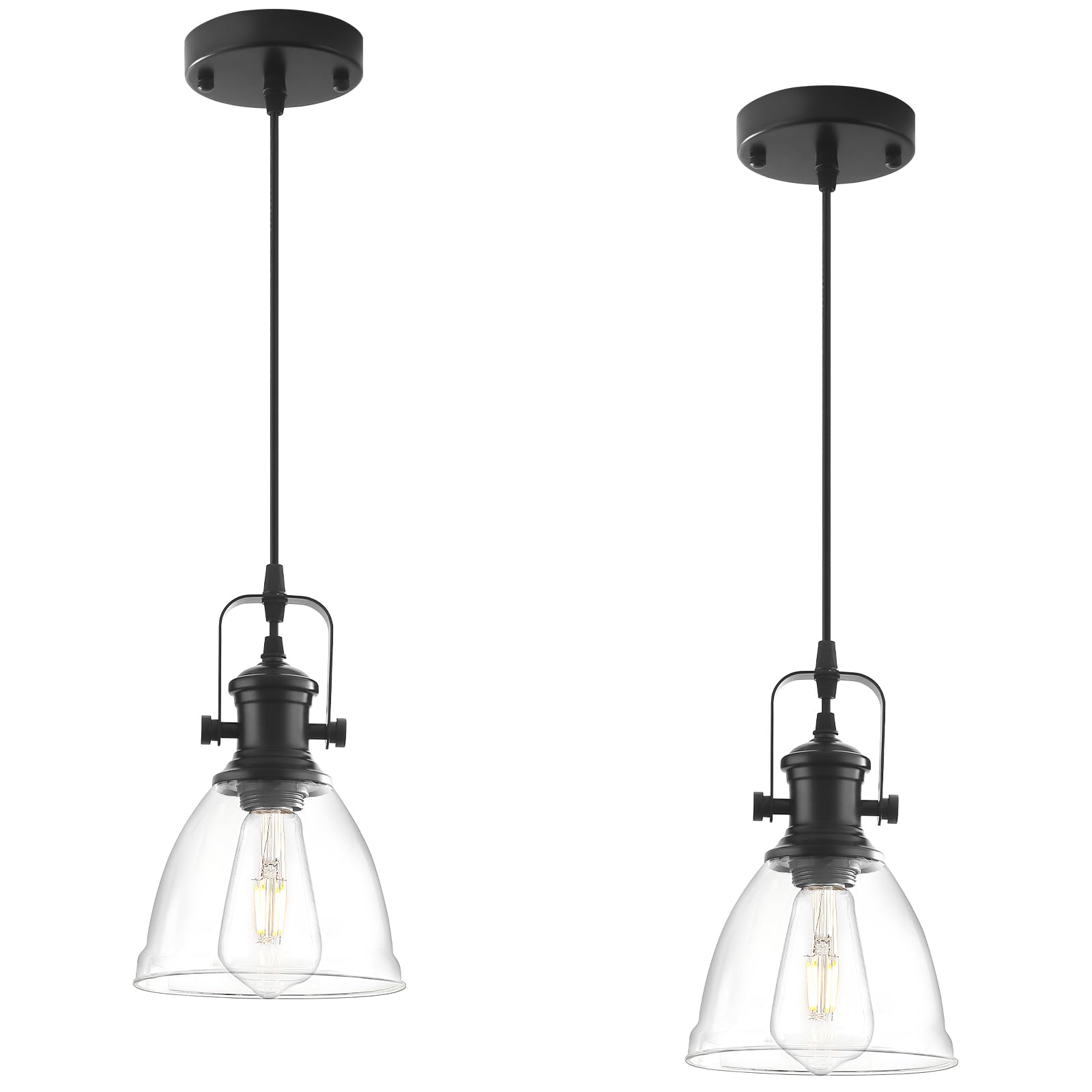 Paquete de 2 luces colgantes negras para isla de cocina, lámpara colgante de granja, lámpara colgante de vidrio transparente industrial, 6.5 pulgadas, iluminación colgante de cocina sobre