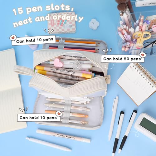 Image of iSuperb Big Capacity Corduroy Pencil Case 3 Compartments Pen Pouch Simple Organizer Bag Large Capacity Pencil Box for Adults (Beige)