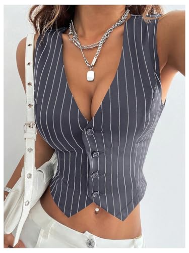 Floerns Women's Vintage Striped Sleeveless Vest Waistcoat Button Down Blazer Jackets4
